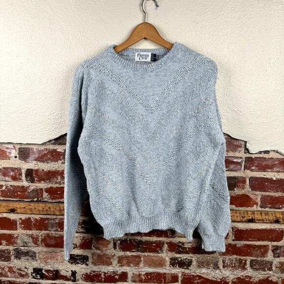 Vintage Private Club Sweater Sz Large Blue Cotton Crewneck Textured Knit USA 90s - Picture 1 of 5